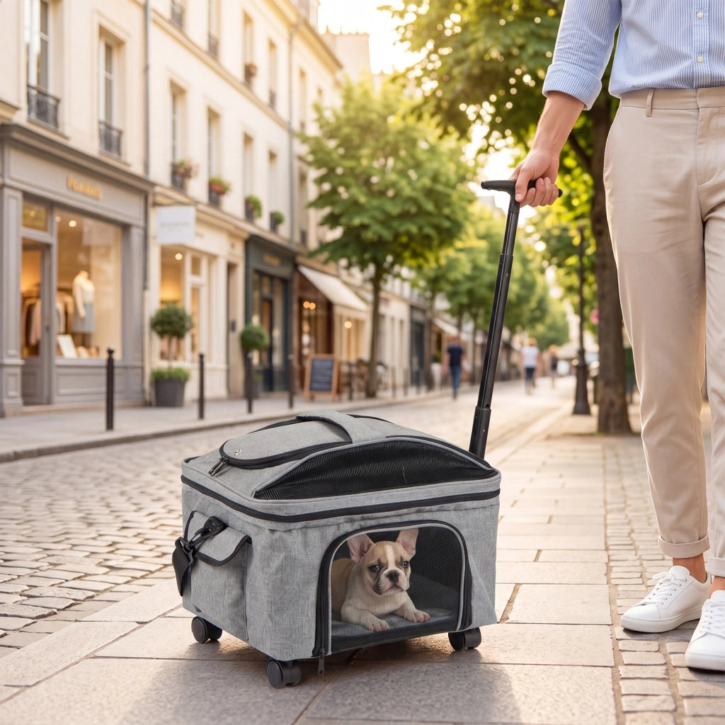 Trasportino per gatti e cani con manico telescopico con tappetino lavabile finestra in rete apribile, Borsa trasportino pieghevole con ruote scorrevoli