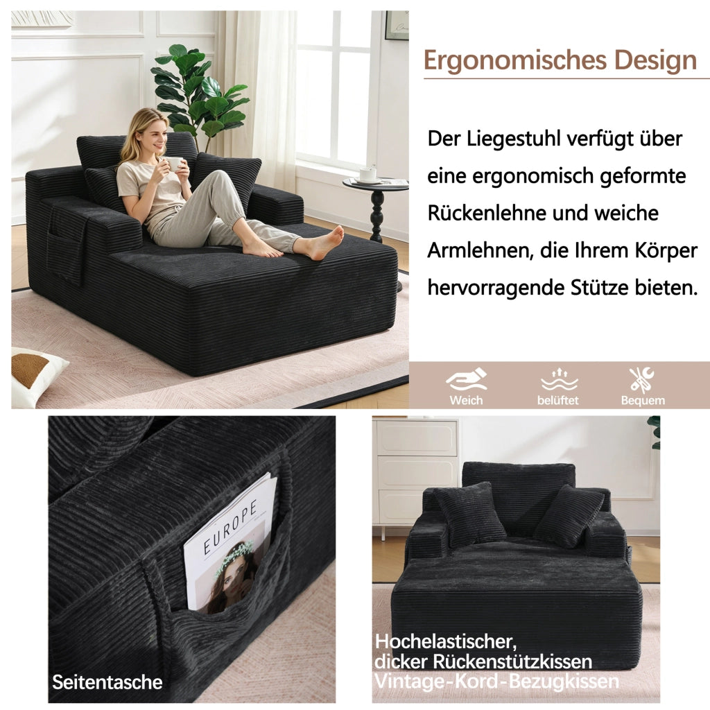 DIVANO in corduroy nero con tasche laterali e cuscini