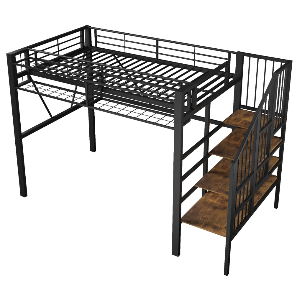 Letto a soppalco 90x200 cm in metallo e MDF con scala contenitore; LED; nero
