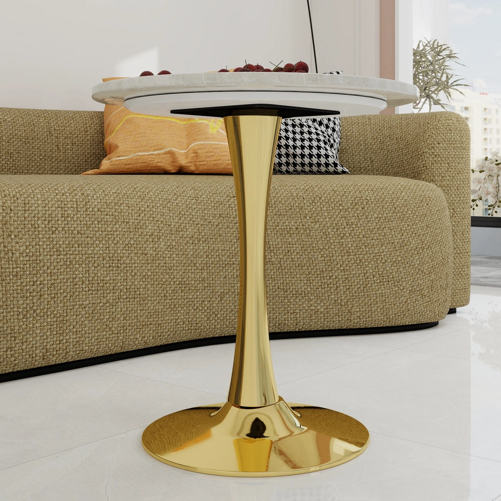 Tavolino rotondo moderno in marmo artificiale, colore oro e bianco