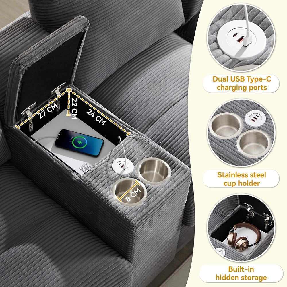 Divano 4 posti a U - Xylo - Velluto, USB, porta bicchieri, con cuscini