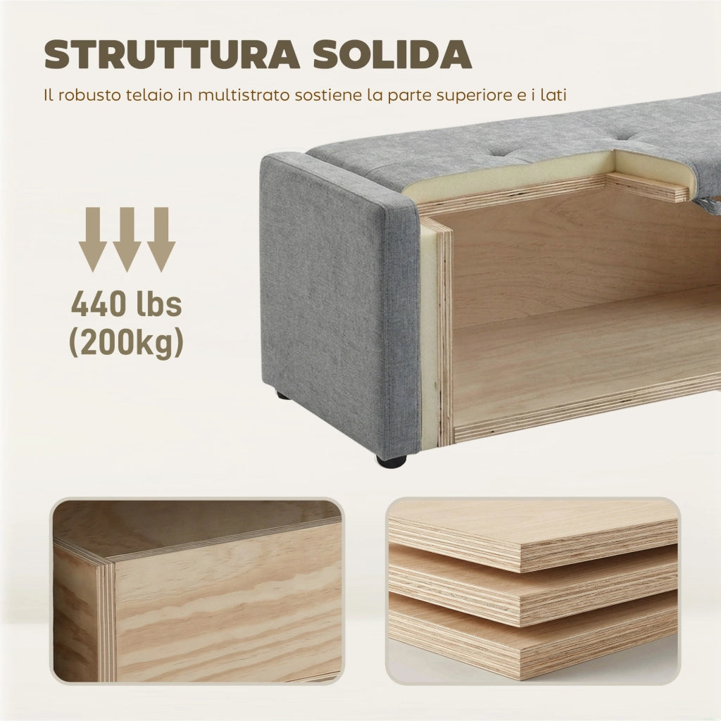 Cassapanca Pouf Contenitore ¨C Minimal ¨C Tessuto Grigio Chiaro 142L