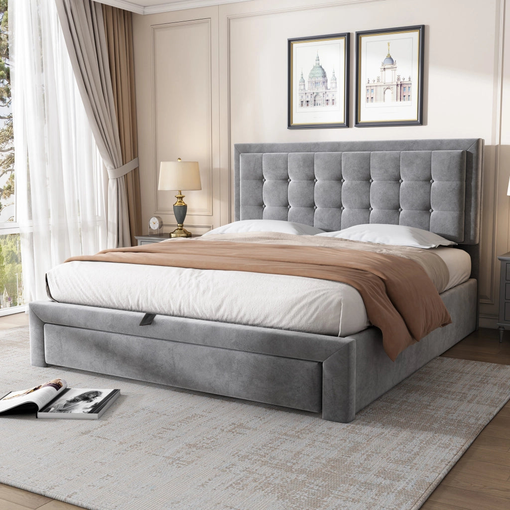 letto con contenitore e cassetti in velluto grigio 140 x 200 cm