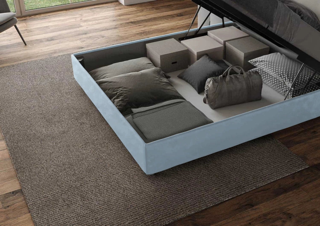 BS COM Letto matrimoniale contenitore imbottito 160x200 microfibra azzurro