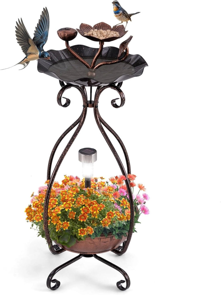 Mangiatoia Solare per Uccelli da Esterno, Vaschetta e Mangiatoia Vintage con Piedistallo e Luci Solari, Casetta per Uccellini Decorativa da Giardino (Bronzo)