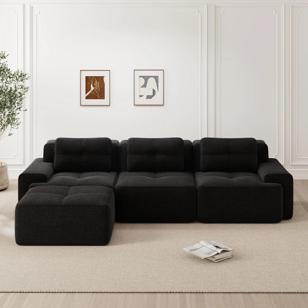 Cloud Modulsofa L-Form - Zephmum - 3-Sitzer, Samtstoff, Schwarz, mit Ottoman