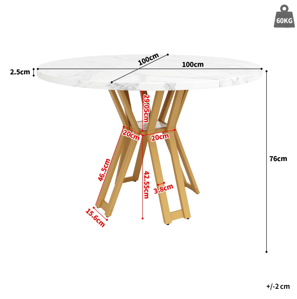 Tavolo da pranzo rotondo 100x100x76 cm in MDF e metallo; bianco e oro