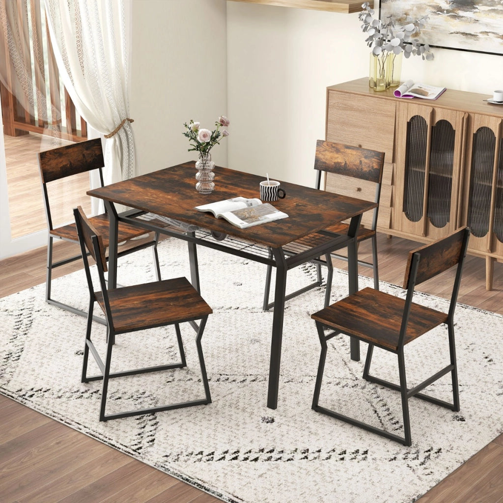 Set da tavolo da pranzo 5 pezzi, Tavolo da cucina con 4 sedie mensola portaoggetti e telaio in metallo Marrone-Tavoli e sedie da pranzo
