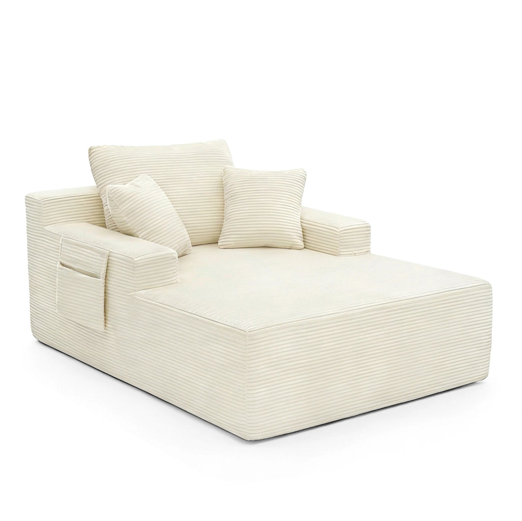 Sofa compatto in corduroy beige con tasche laterali e cuscini inclusi