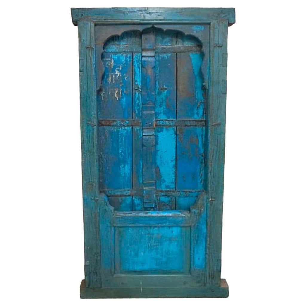 Finestra in legno con finitura artigianale blu, 81x10x166h cm
