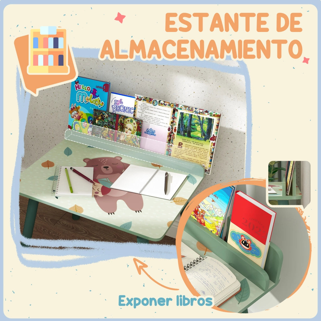 Set Tavolo e Sedia Bambini con Libreria ¨C Xylo ¨C Legno Verde per Cameretta +3 Anni