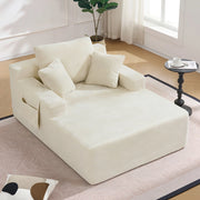 Sofa compatto in corduroy beige con tasche laterali e cuscini inclusi