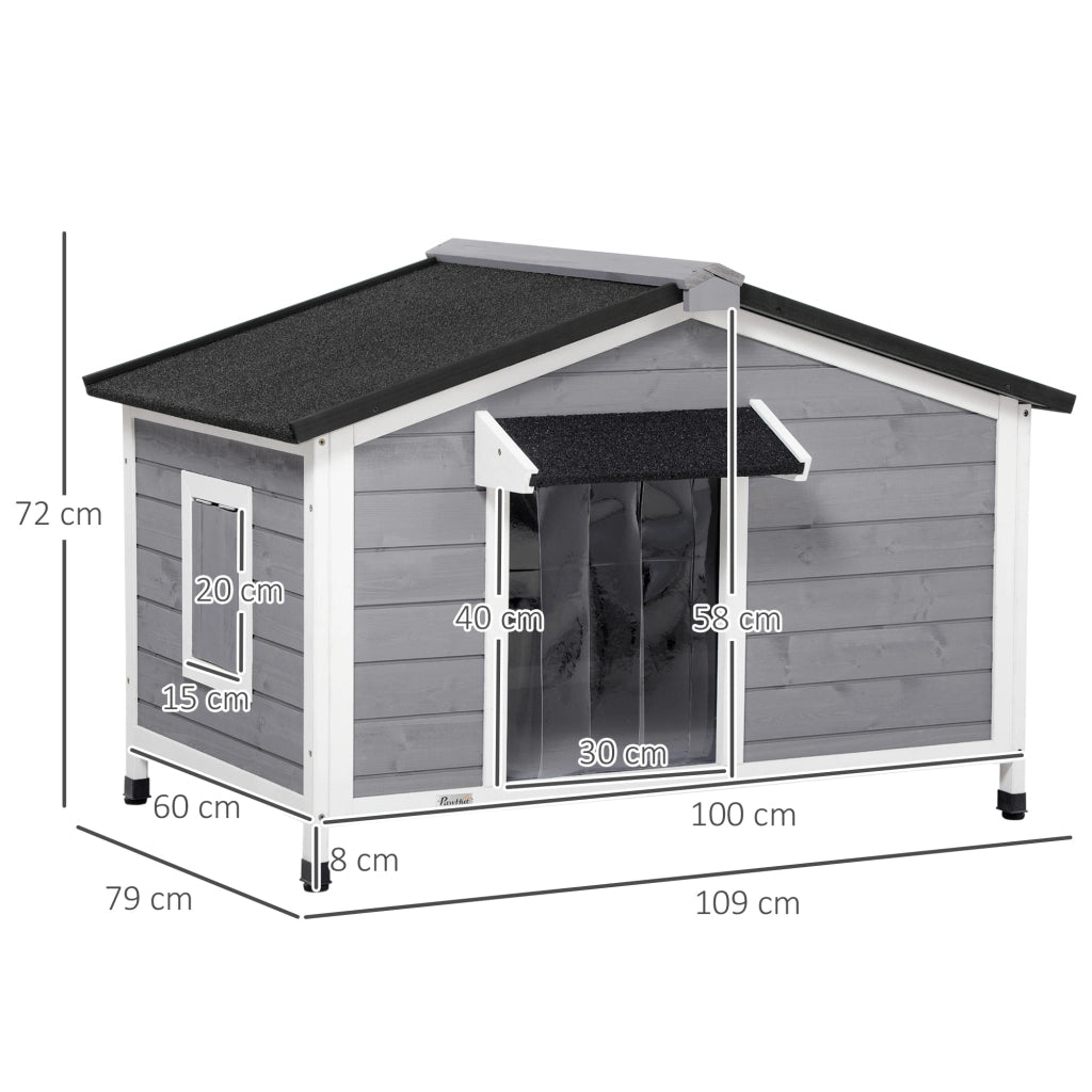 Cuccia per Cani in Legno Rialzata ¨C Xylo ¨C con Tenda e 2 Finestre, 109x79x72 cm