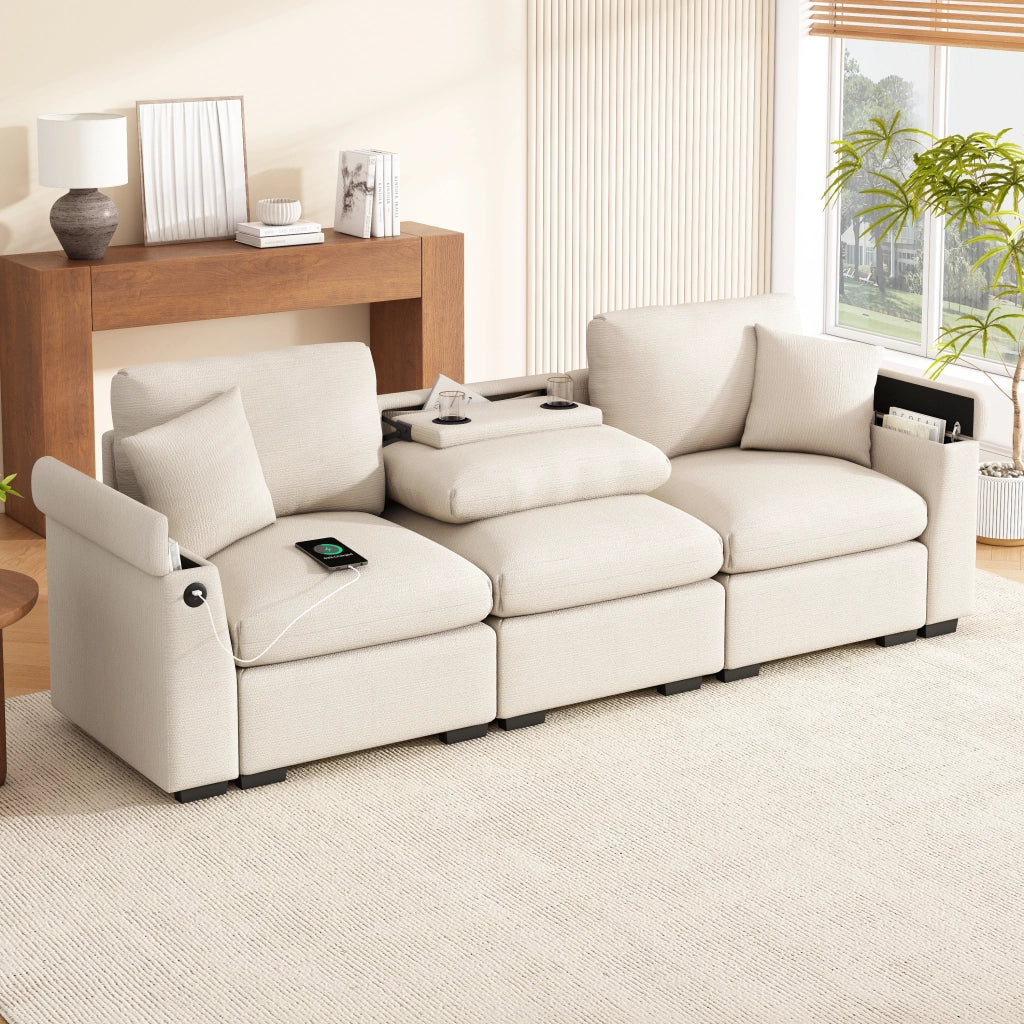 DIVANO 3 POSTI Modulare 242x80x88 cm Chenille Beige