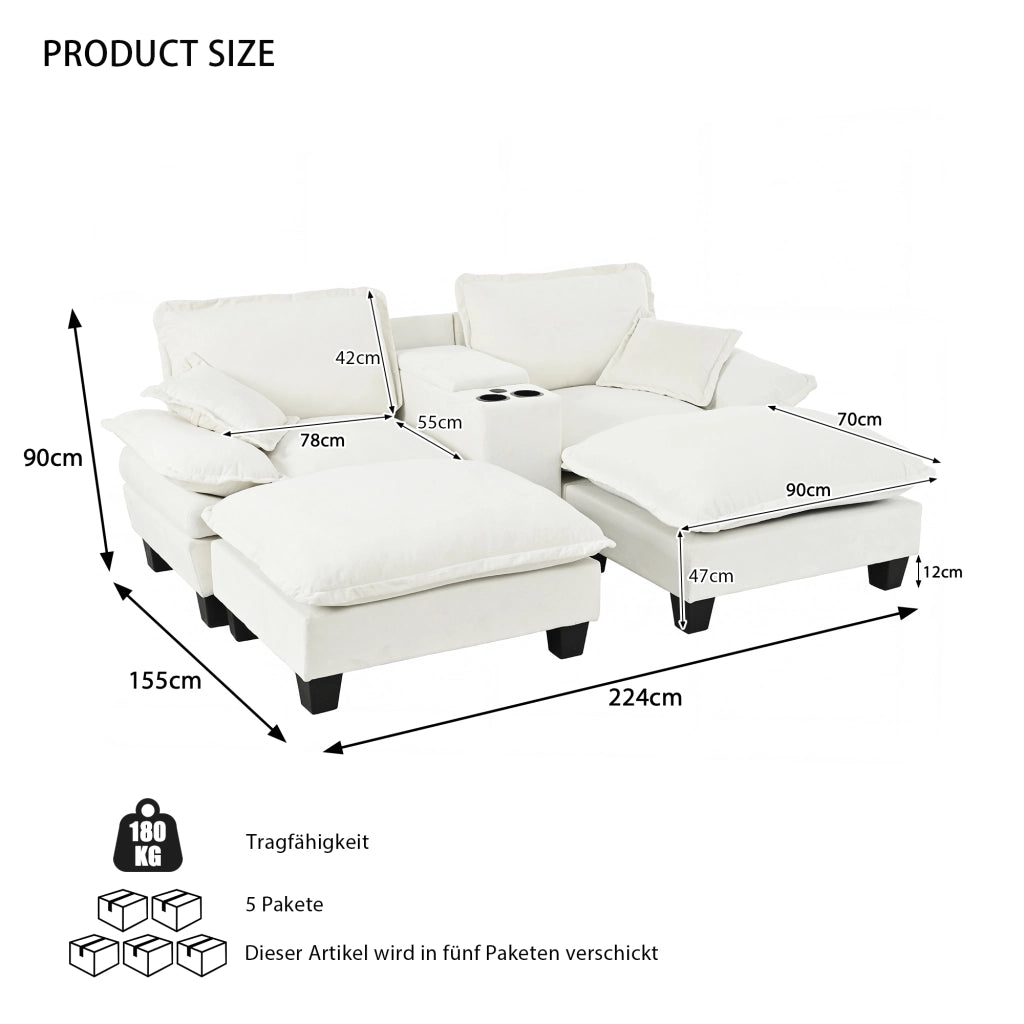 Divano modulare con USB; contenitore e portabicchieri - in chenille - beige - 224×155×90 cm