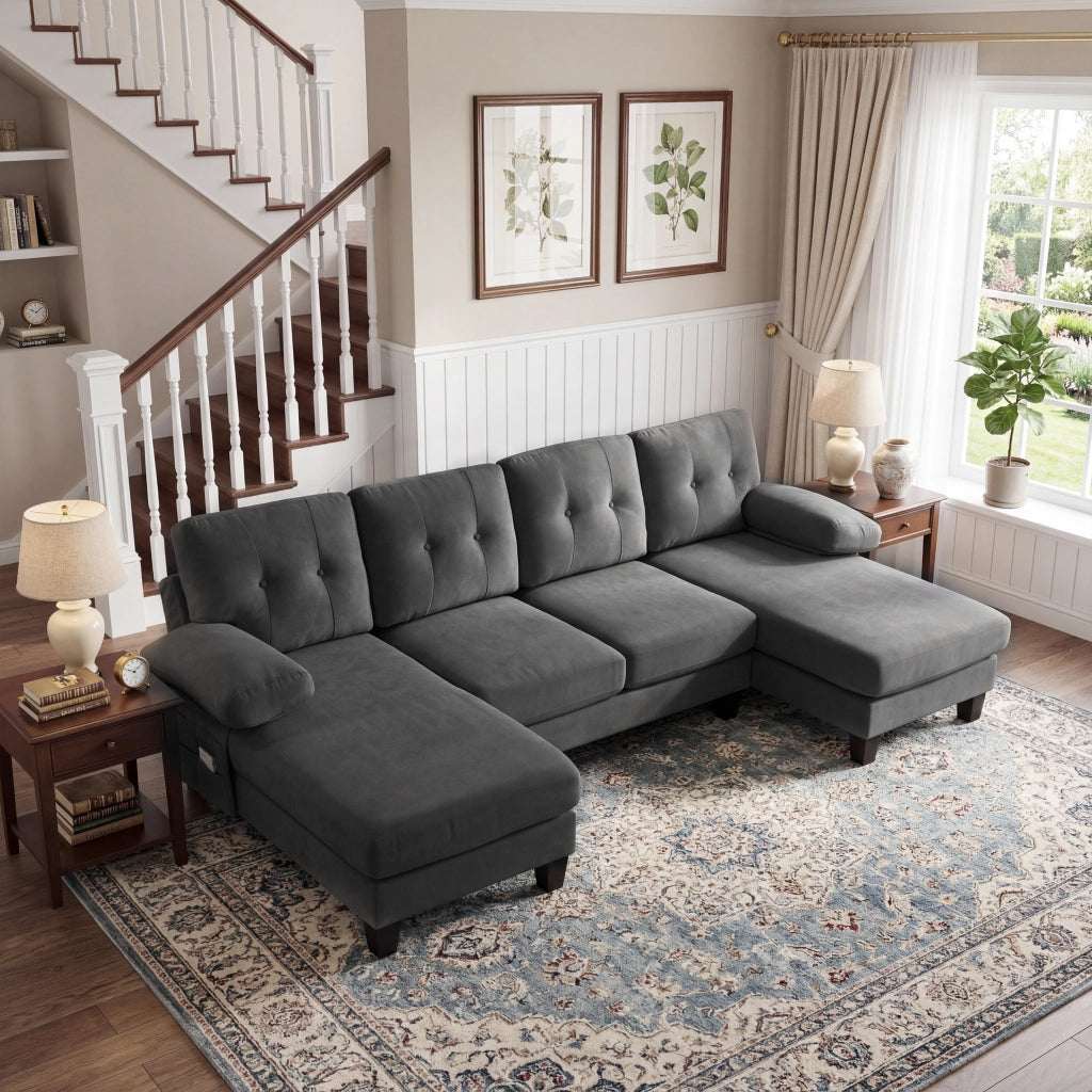 Divano letto angolare 4 posti con chaise longue ¨C MINIMAL ¨C Grigio, tessuto chenille