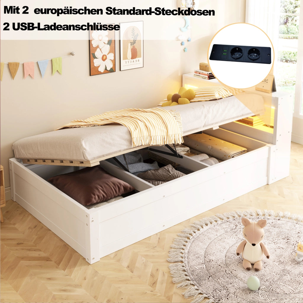 LETTO Multifunzionale 90x200 cm MDF Bianco con presa e LED