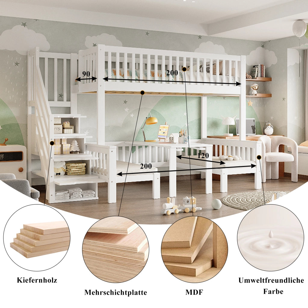 Letto a castello 90×200 cm e 120×200 cm; scala contenitore; tavolo sollevabile; senza materasso