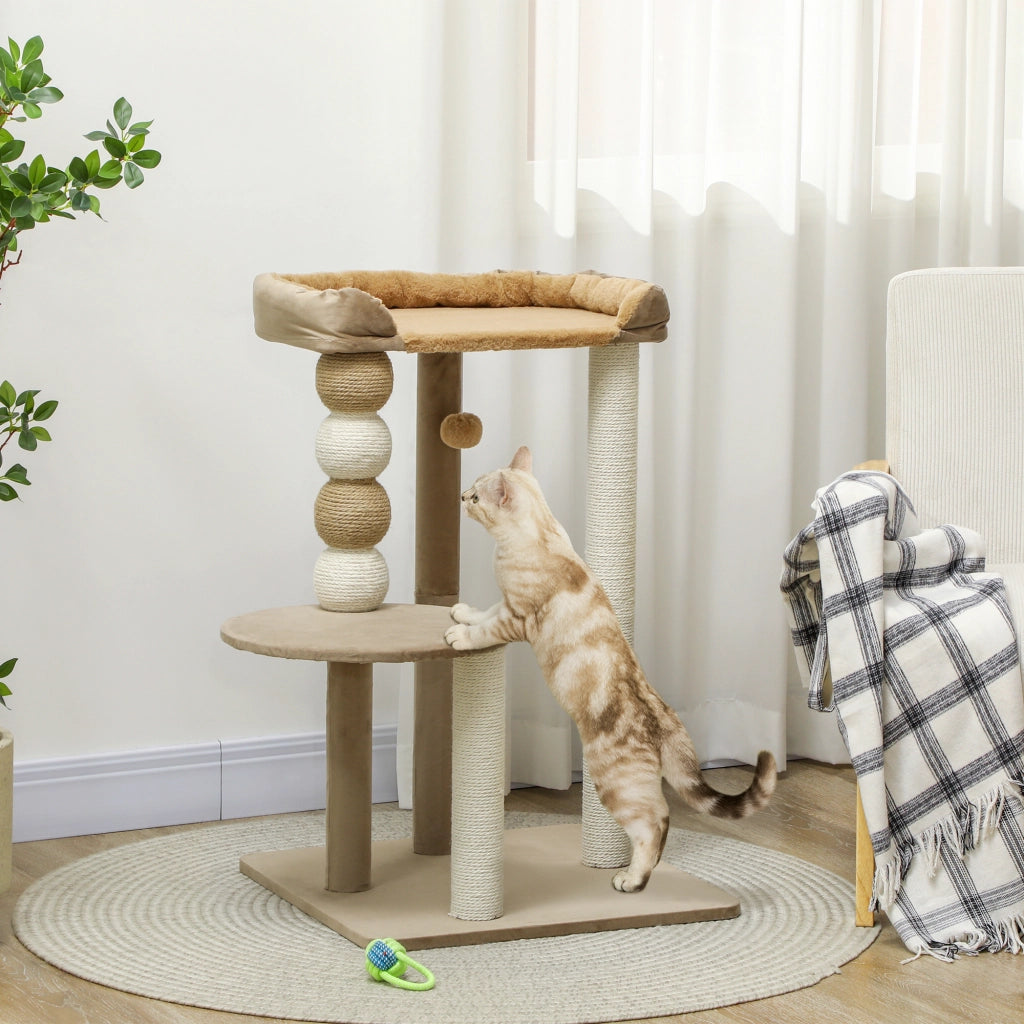 Tiragraffi per gatti con 2 piani, palla giocattolo, tronchi e palle ¨C Minimal ¨C marrone, 56x54x86 cm