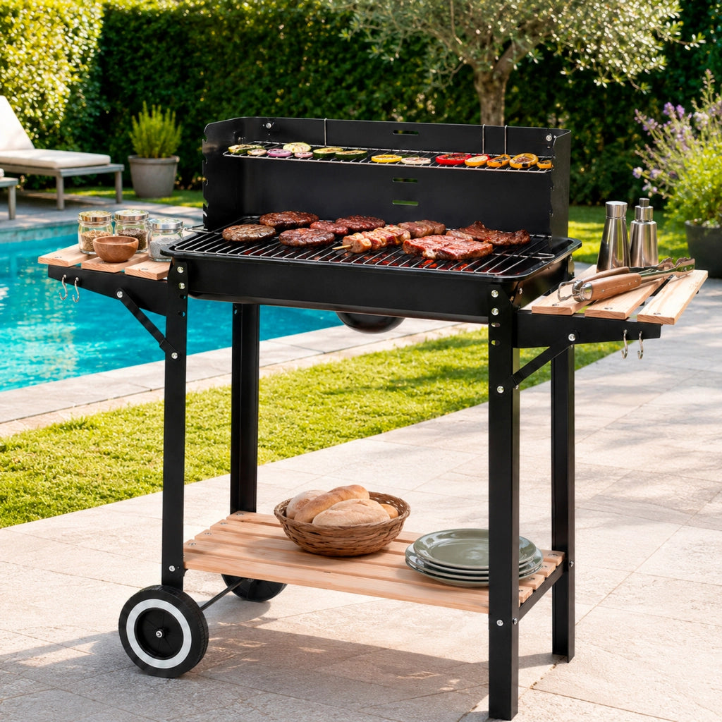 Barbecue A Carbone Con Griglia E Paravento Antivento Ripiani Legno Laterali Ganci Porta Utensili Ruote Per Trasporto Facile Giardino Campeggio 94 x 40 x 84 Cm Nero