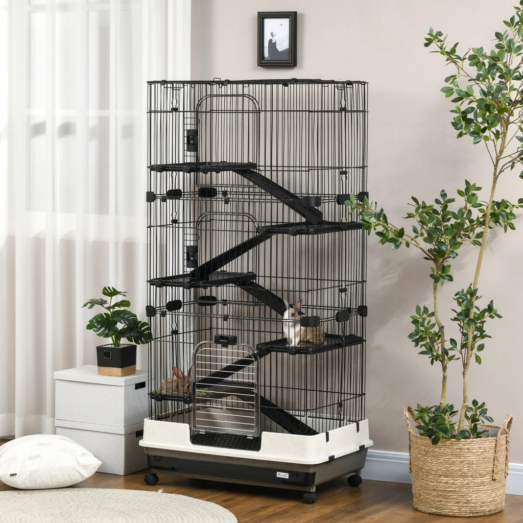 Gabbia per conigli a 5 livelli con 3 porte 5 rampe vassoio rimovibile ruote ¨C Xylo ¨C 81x52,5x159cm nero grigio