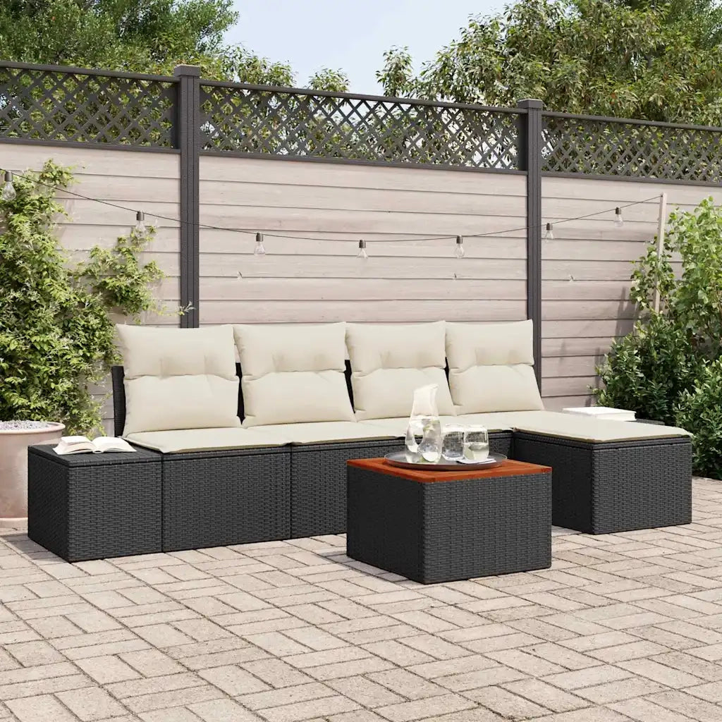 Set Divano da Giardino 6 pcs Nero e Crema polyrattan