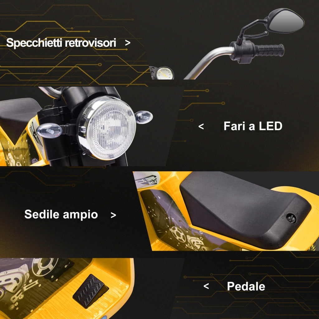 EasyComfort Moto Elettrica per Bambini a 3 Ruote con Luci e Suoni, Batteria Ricaricabile 6V, Velocità 2 km/h, per Bimbi da 18-36 Mesi, 72cmx57cmx56cm Gialla