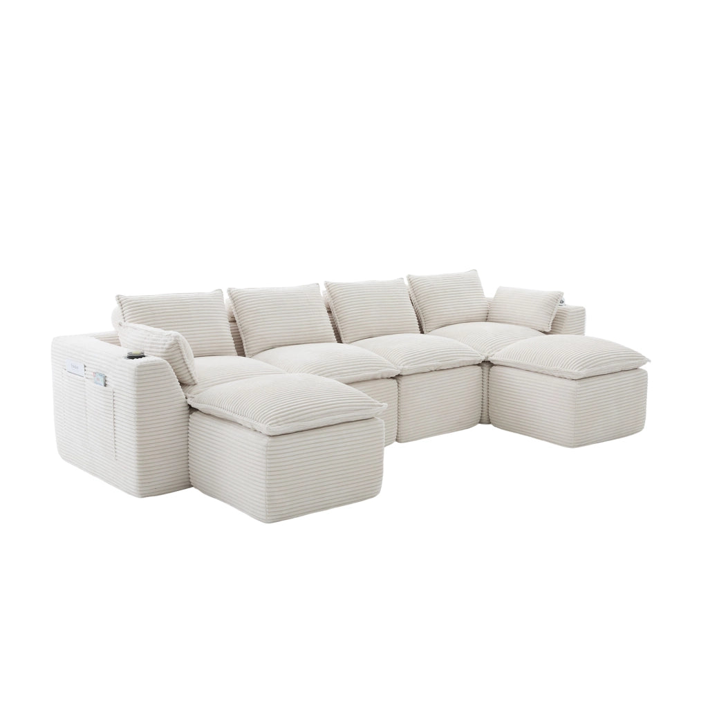 Divano Modulare 4 Posti con Poggiapiedi, Cuscini e Portabicchieri ¨C MINIMAL ¨C Beige, Tessuto a Coste