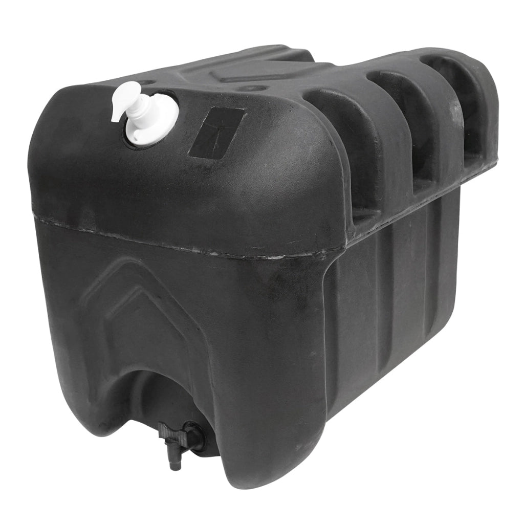 Serbatoio per acqua 50L con rubinetto e dosatore di sapone da 250 ml, in plastica nera, dimensioni 420x440x400 mm