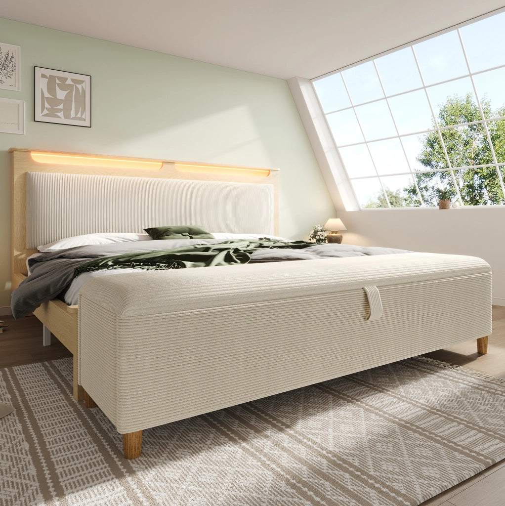 Letto 140x200 cm con contenitore e LED in legno e corduroy beige