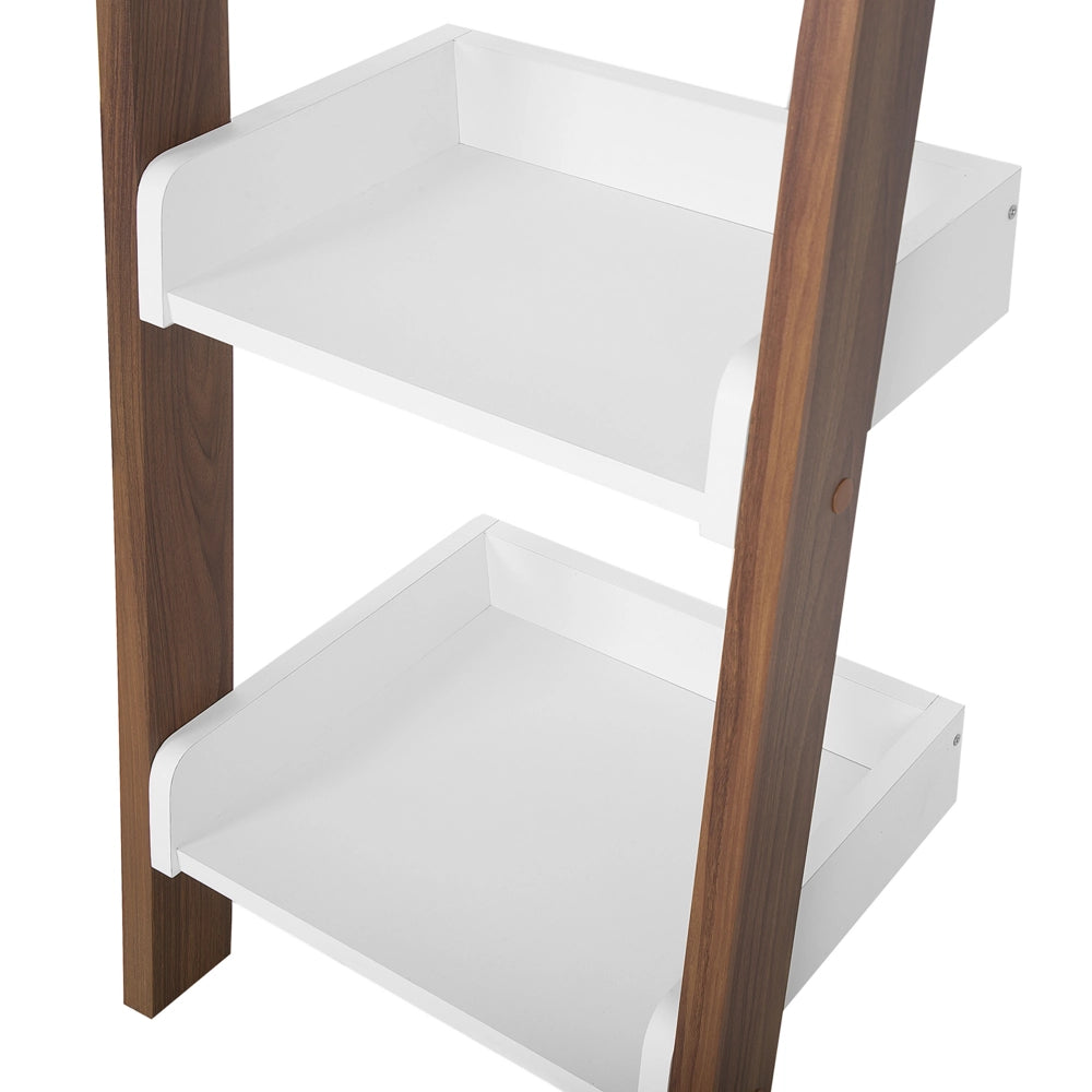 Libreria a 4 ripiani in legno scuro con espositore per libri bianco