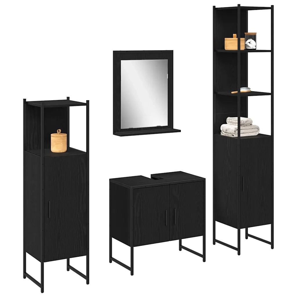 Set di mobili per il Bagno | Armadio da bagno 4 pz Nero Legno multistrato