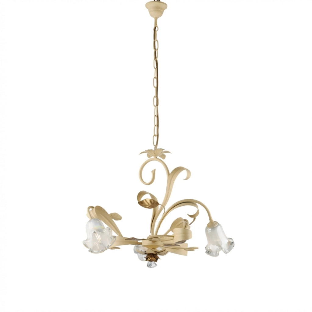 Lampadario Arte Povera Cesto Metallo Avorio E Oro 3 Luci E14