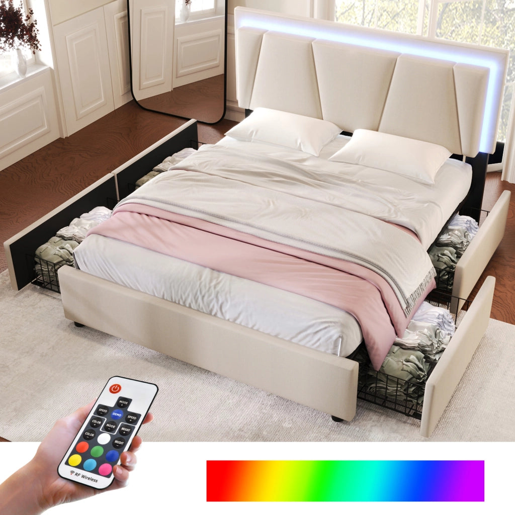 LETTO 140x200 cm Beige con testiera regolabile, LED e 4 cassetti