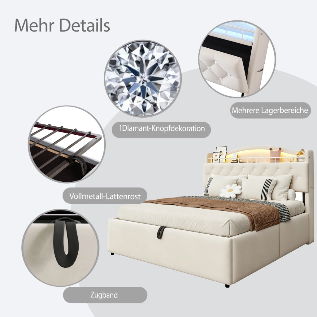 LETTO Contenitore 140x200 cm Beige in tessuto e metallo con LED, USB e USB-C