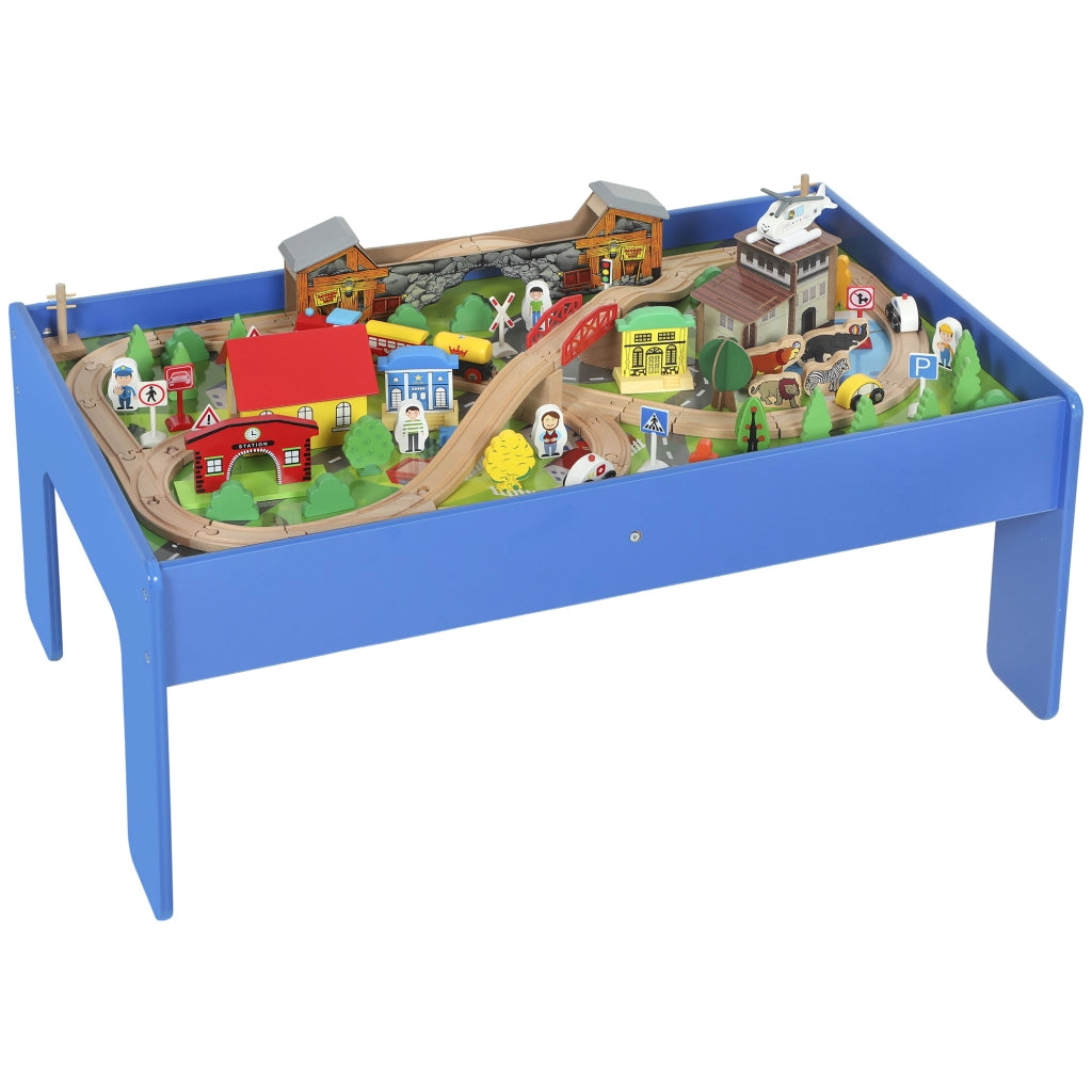 Tavolo da gioco con set ferrovia legno 108 pezzi ¨C Xylo ¨C Piano removibile 98x60,5x40 cm blu