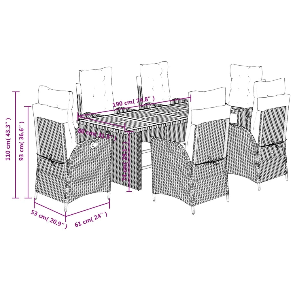 Set da Pranzo da Giardino 7 pz Nero con Cuscini in Polyrattan 3213136