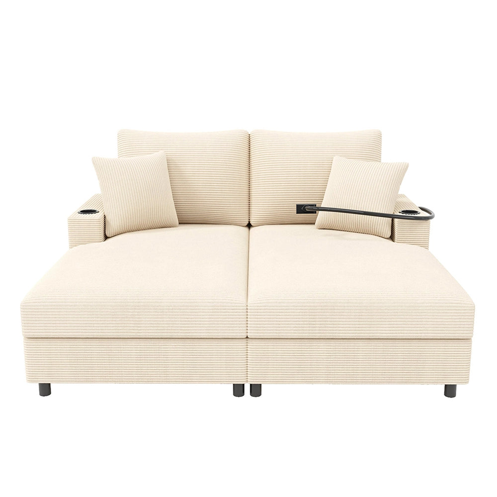 Divano letto XXL - Xylo - Doppio, USB, porta bicchieri, beige, imbottito