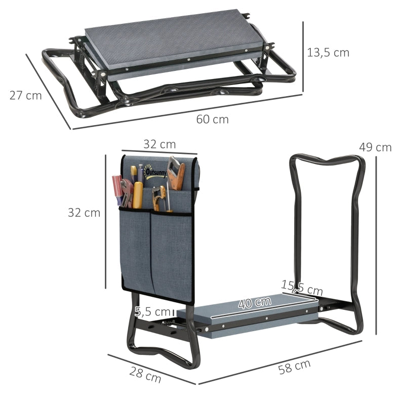 Panca da giardino pieghevole con cuscino per le ginocchia e tasche porta attrezzi, supporta fino a 150 kg, 58 x 28 x 49 cm, grigia