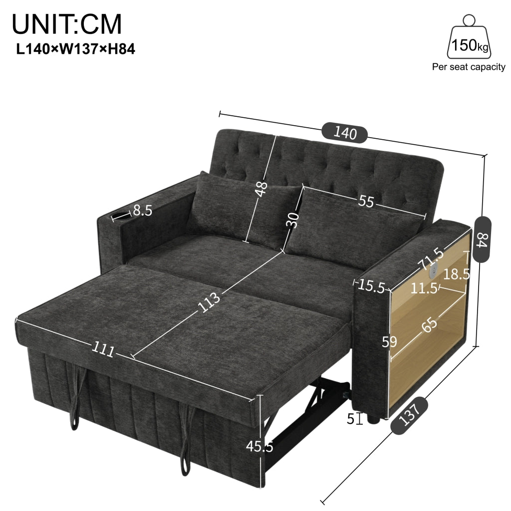 DIVANO LETTO 140x137x84 cm in Chenille Grigio con 2 cuscini