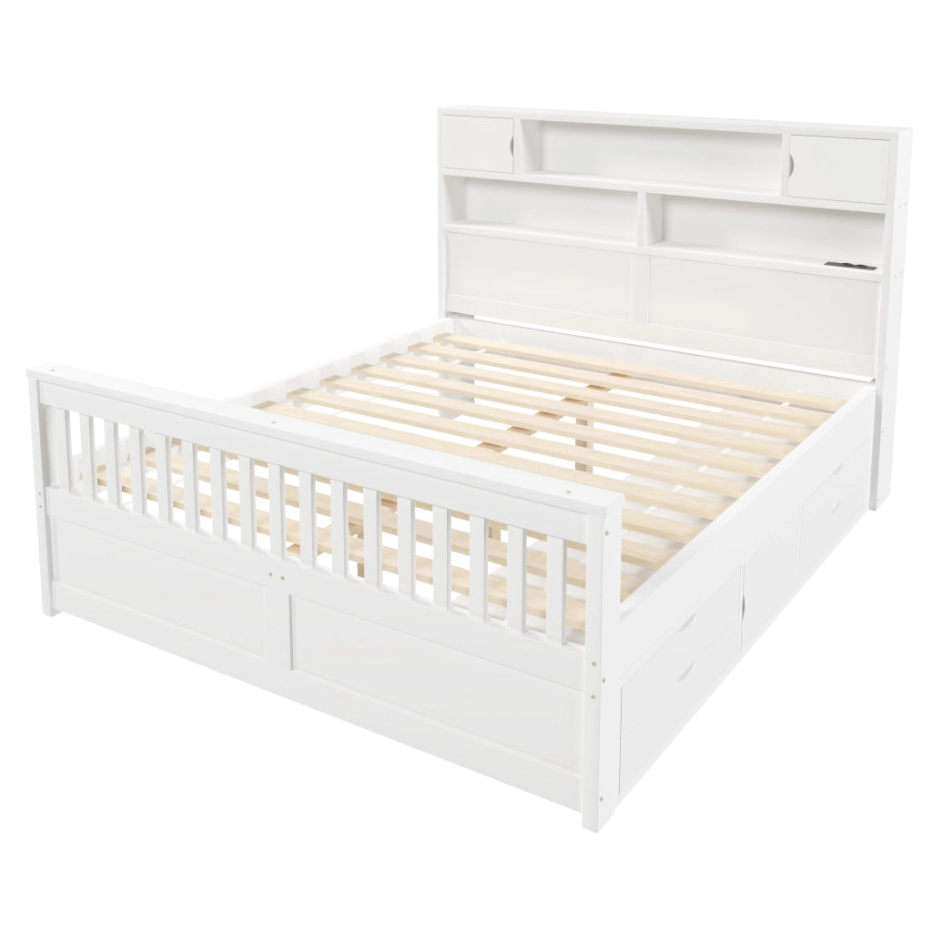 Letto a piattaforma con ripiani e cassetti - Zephmum- 160x200 cm, LED, USB, bianco