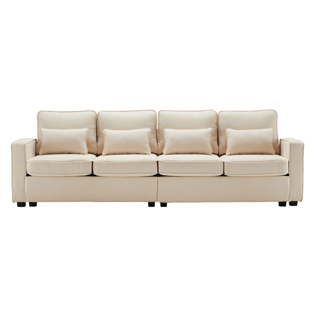 Divano a 4 posti in tessuto effetto lino beige; 264 cm; con tasche laterali e 4 cuscini