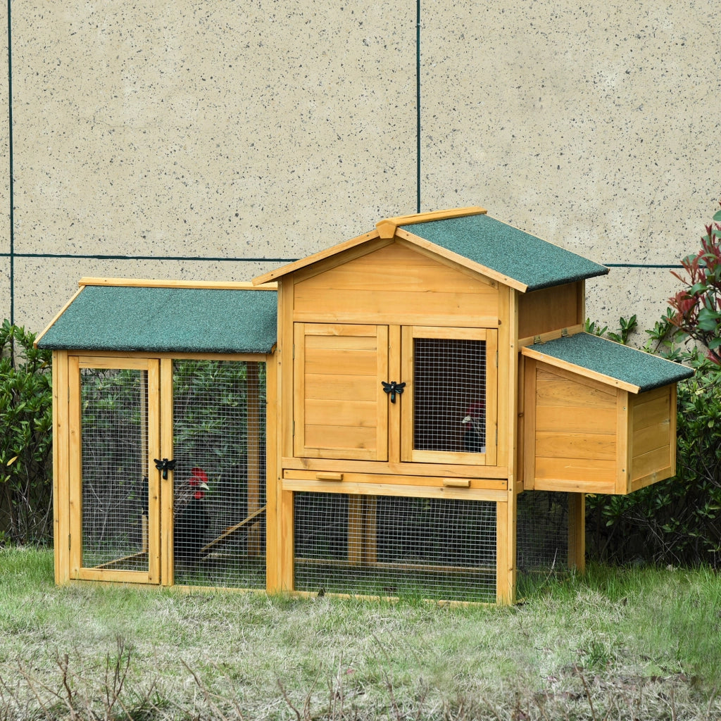 Polleria per galline nane con recinto esterno e nido da cova ¨C Zephmum ¨C Legno di abete trattato, tetto in catrame, giallo+verde