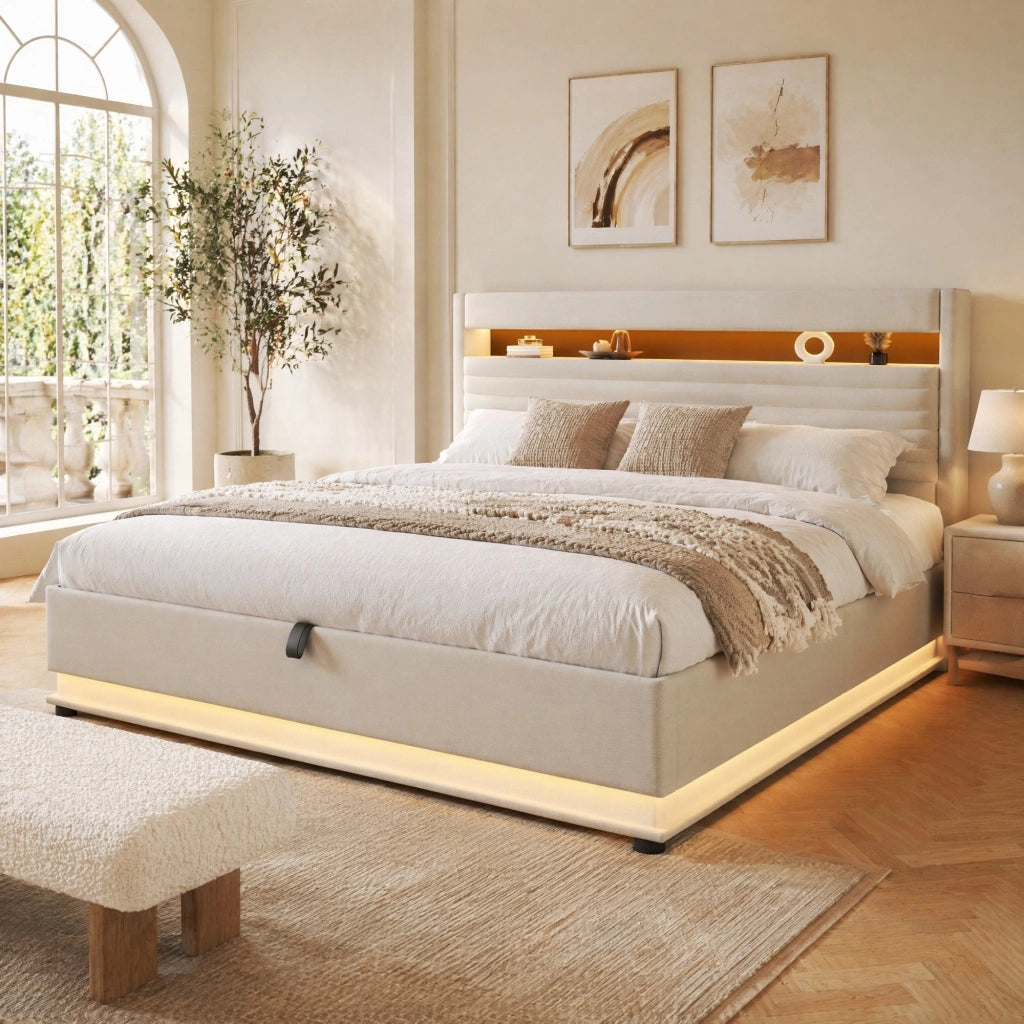 LETTO imbottito 180x200 cm in lino beige con LED, USB Type-C e vano contenitore