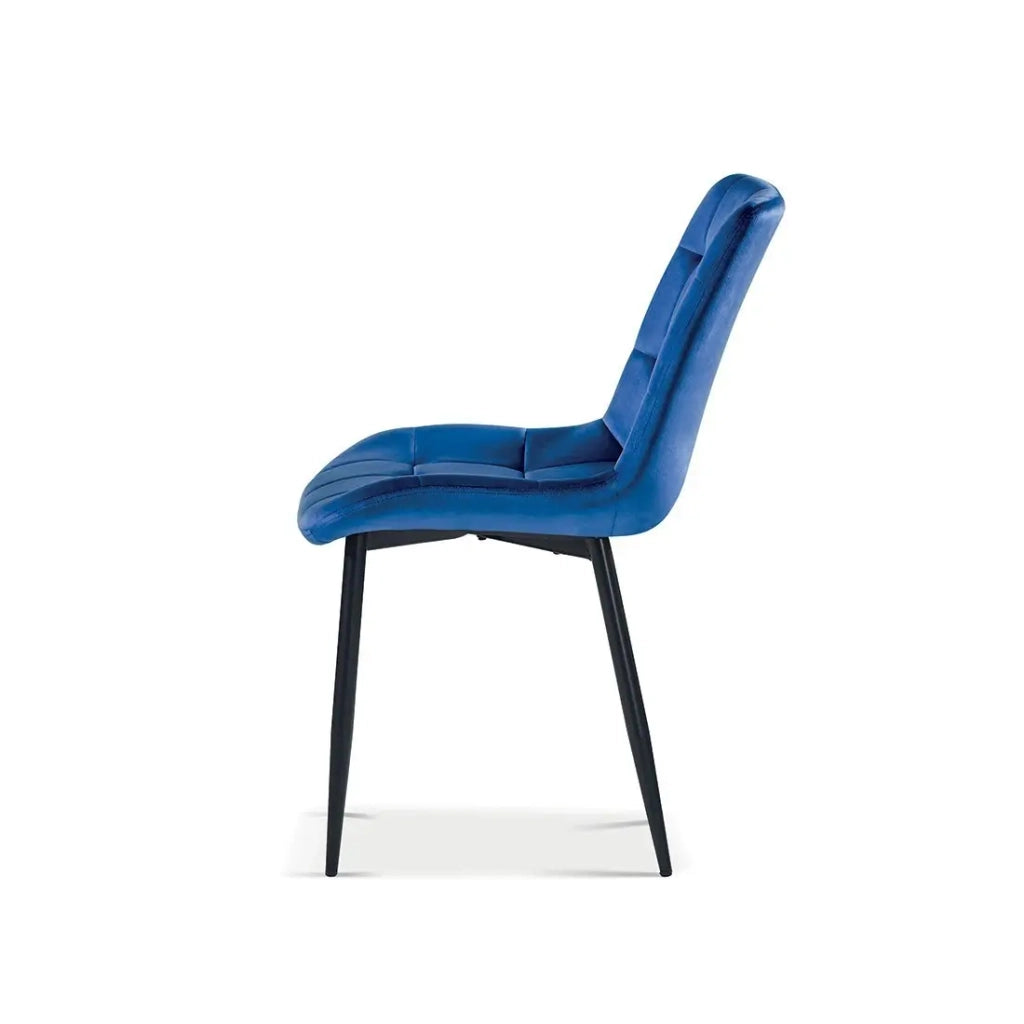Sedia design KALI – Velluto blu e gambe metalliche