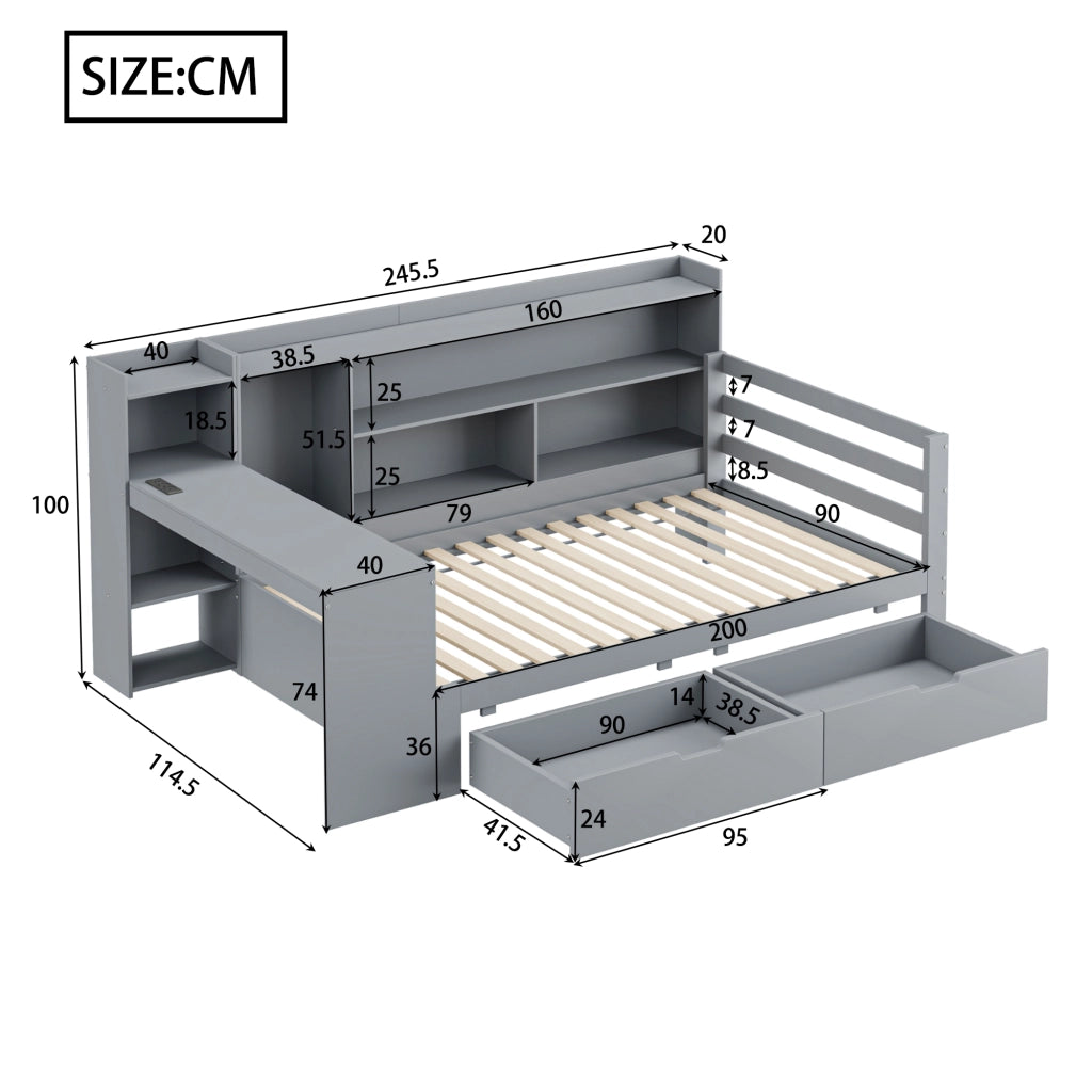 LETTO Multifunzionale 90x200 cm in legno grigio con scrivania, ripiani e cassetti