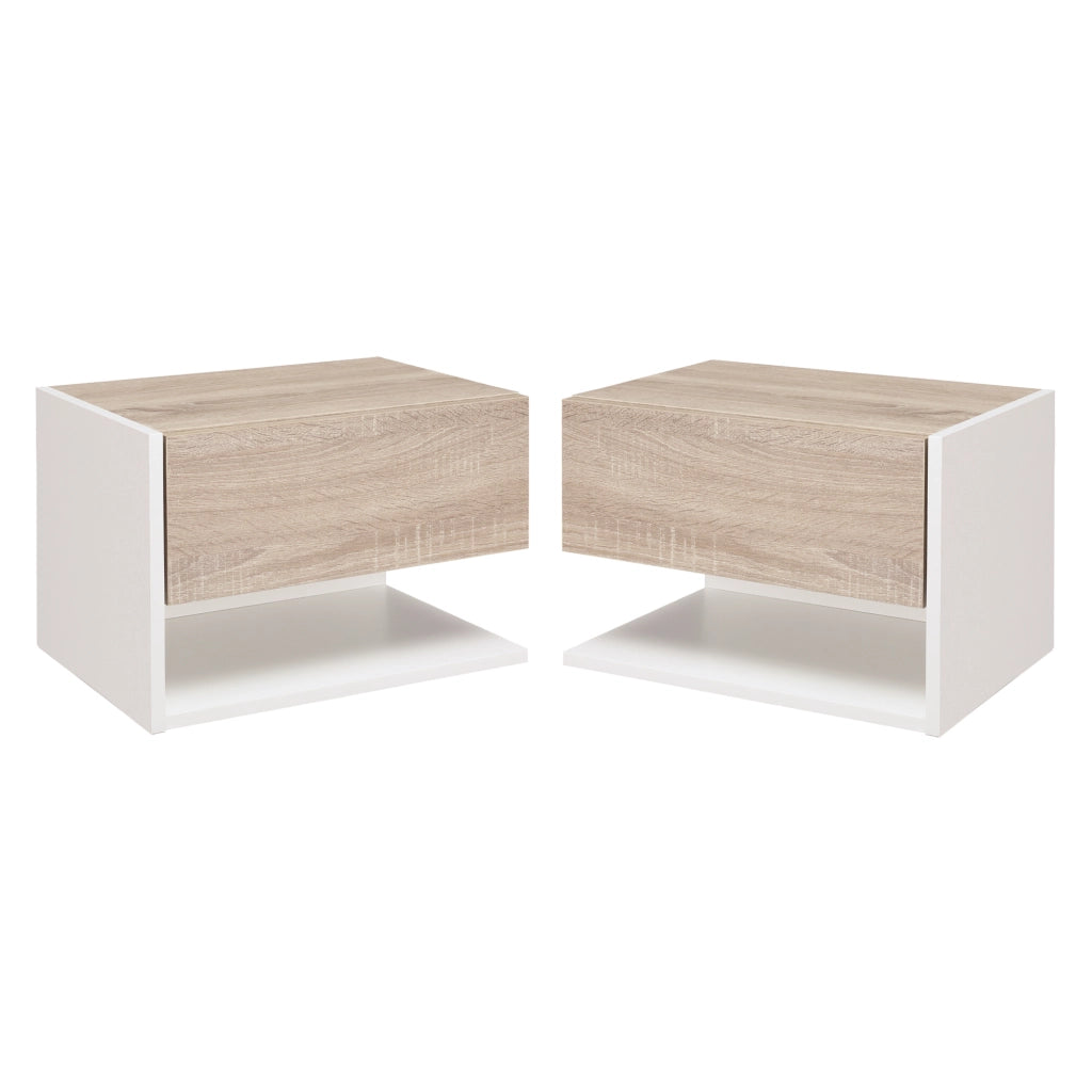 Comodino Sospeso Set 2 Pezzi con Cassetto ¨C Xylo ¨C Rovere e Bianco 46x30x30cm