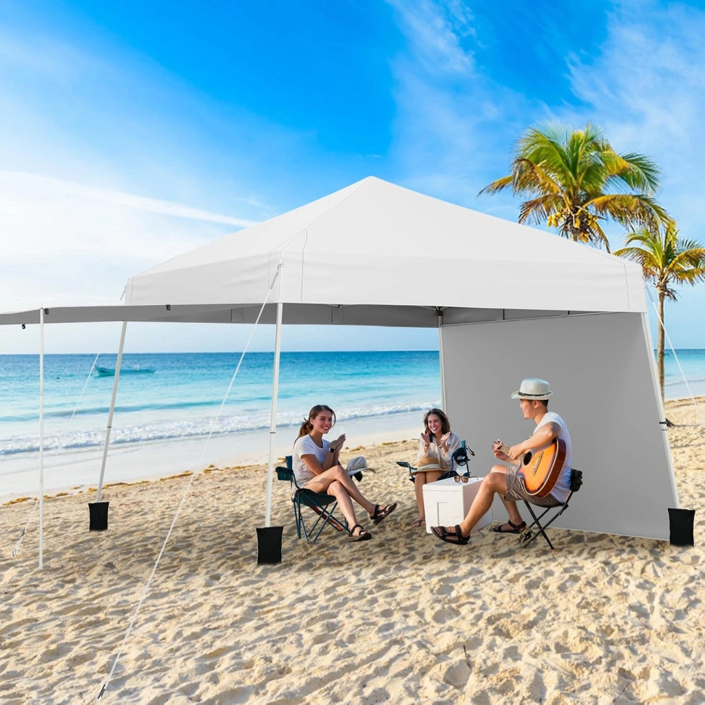 Gazebo Pieghevole 430 x 280 cm, Gazebo da Esterno con Pareti Laterali Convertibili in Tenda da Sole, 8 Picchetti, 4 Corde Antivento, Tendone Impermeabile per Feste (Bianco)