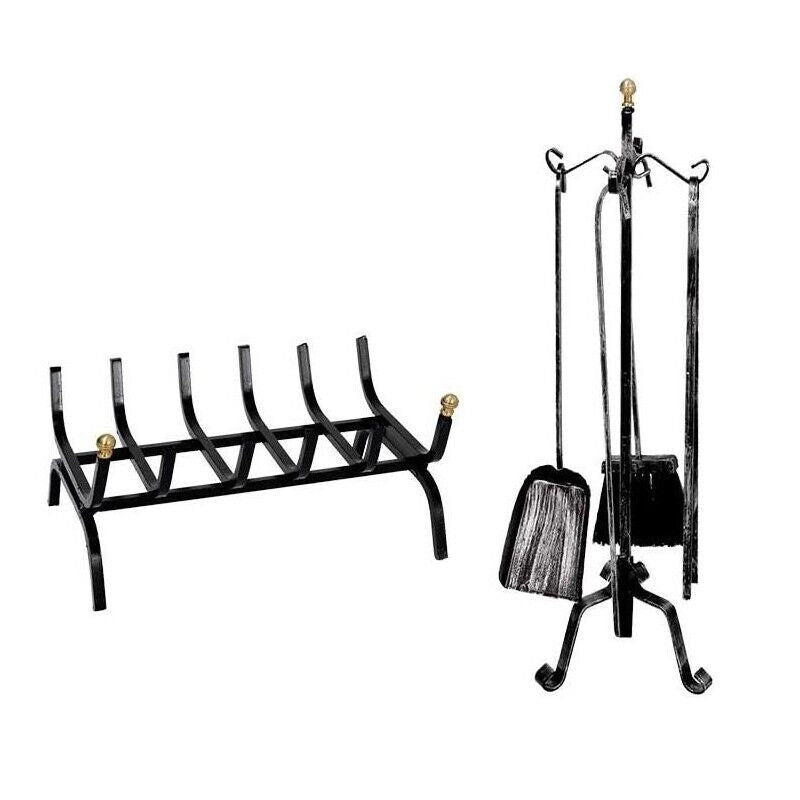 SET DI ATTREZZI PER CAMINO CON BRUCIALEGNA ,4 UTENSILI E STAND CON POMELLI ORO USATO COME NUOVO