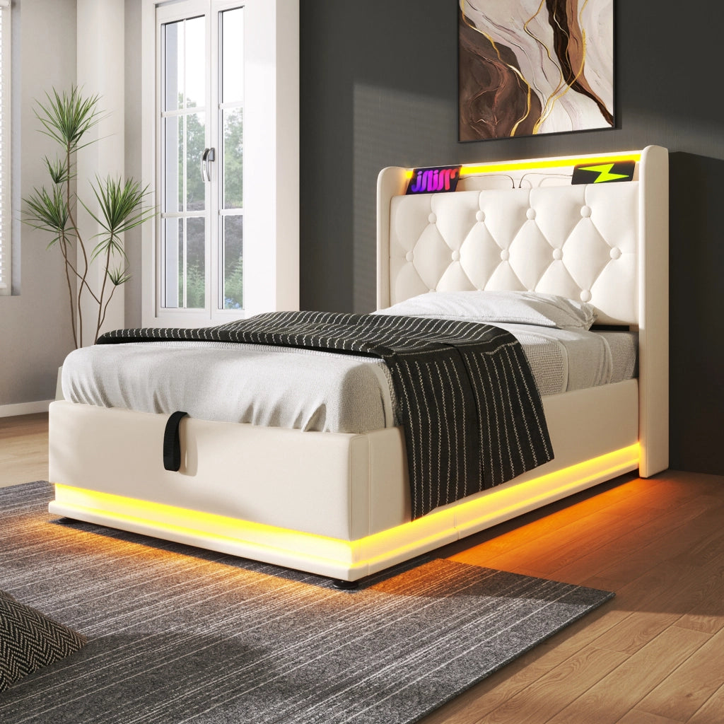DESMIU Letto singolo 90 × 200 cm con contenitore, LED, USB e Type-C, con materasso, in PU, bianco